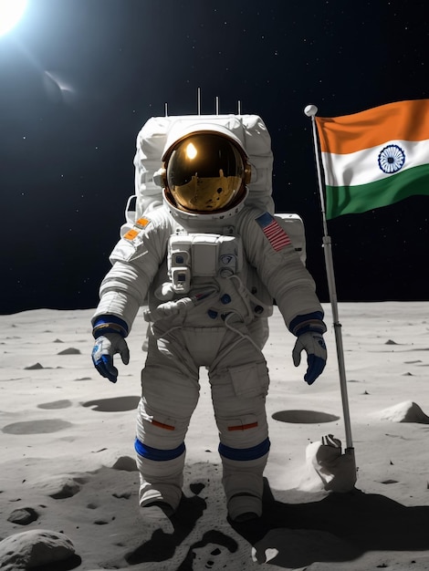 Indiase astronaut leent op de maan en houdt de vlag van India in zijn hand