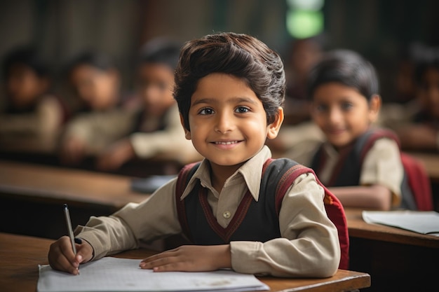 Indiase aziatische schoolkinderen in uniform studeren hard uit boeken in de klas