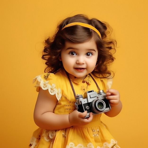 Indiase babymeisje met camera op gele achtergrond