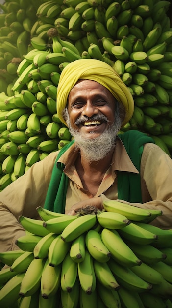 Indiase boer of arbeider zit met een klomp bananen