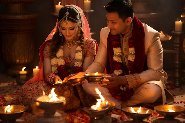 Indiase bruidegom en bruid tijdens de huwelijksceremonie