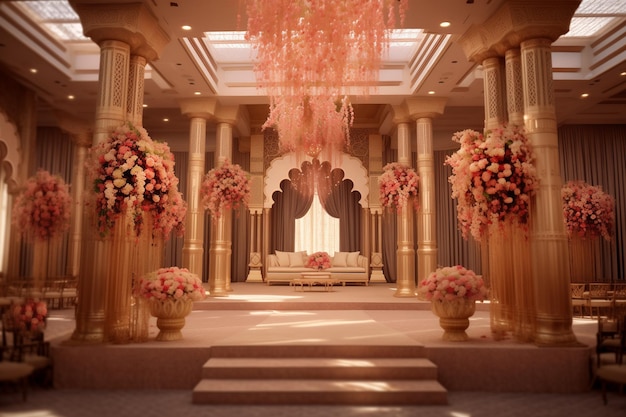 Indiase bruiloftsdecoratie een roze mandap versierd met levendige bloemen