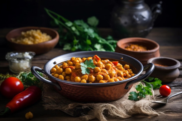Indiase channa masala pan Veganistische traditionele curry kikkererwten gerecht Genereer ai