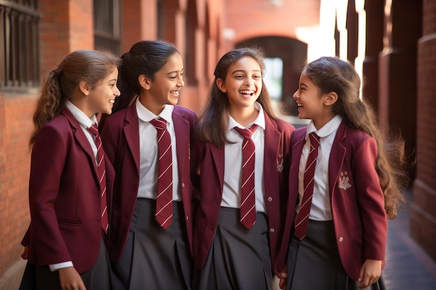 Indiase college- of schoolmeisjes in uniform op de campus.