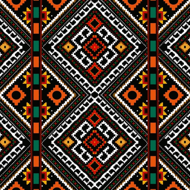 Indiase etnische stamstofpatronen met rode geometrische ontwerpen geaccentueerd met geel-oranje