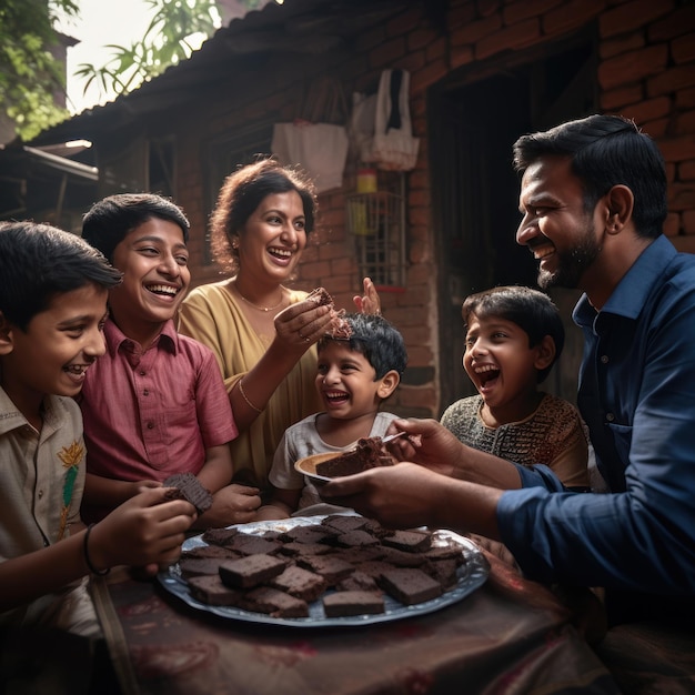 Indiase familie die samen donkere chocolade eet thuis