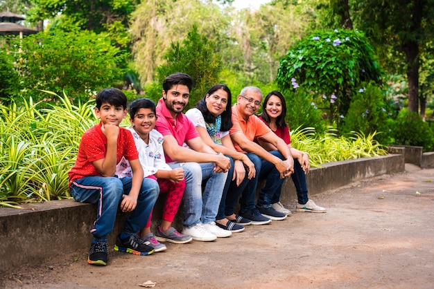 Indiase familie geniet van picknick - Aziatische familie van meerdere generaties zit over of in de buurt van een kleine muur in het park, buiten. selectieve focus