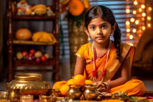 Indiase familie in traditionele sari verlichting olie lamp en vieren Diwali of deepavali fesitval van