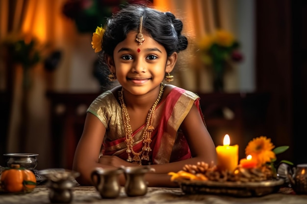 Indiase familie in traditionele sari verlichting olie lamp en vieren Diwali of deepavali fesitval van