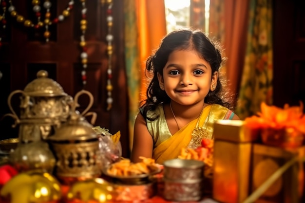 Indiase familie in traditionele sari verlichting olie lamp en vieren Diwali of deepavali fesitval van