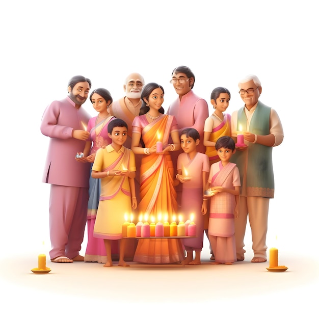 Indiase familie viert diwali met aangestoken kaarsen 3D-rendering