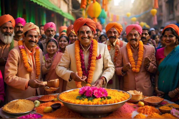 Indiase feest met gelukkige mensen die rond een groot vuur dansen