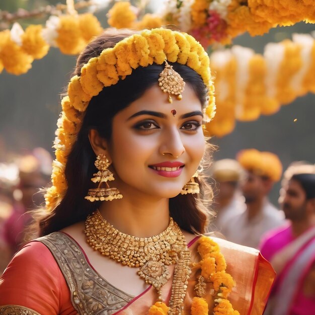 Indiase festival dushehra met gouden jasmijnkrans en bloemen