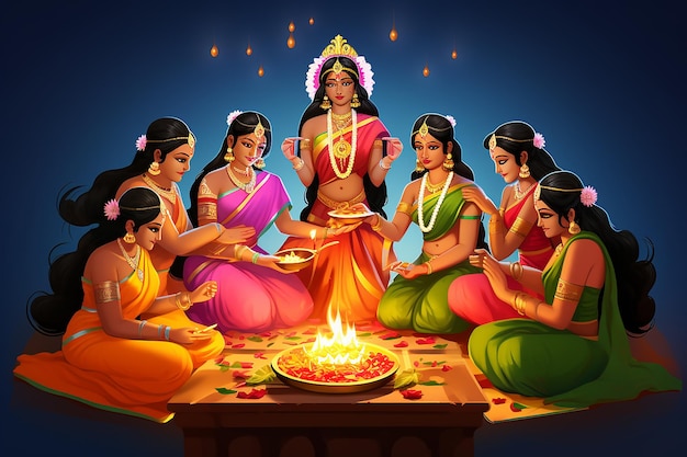 Indiase godin rond diya diwali viering cartoon vectorillustratie