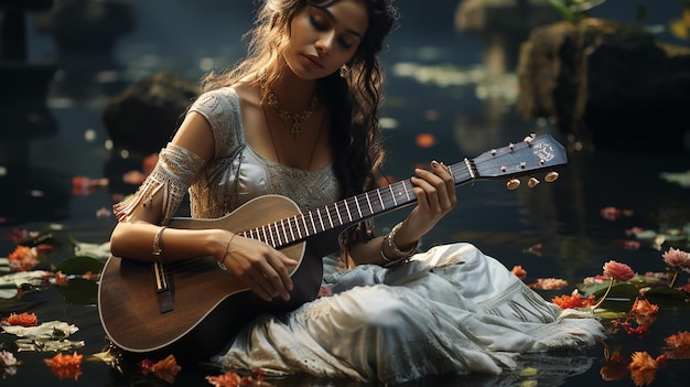 Indiase godin 'Saraswati' zittend op lotus en spelend muziekinstrument 'veena'
