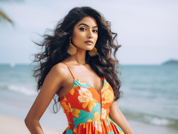 Indiase influencer in Sun Sea-stijl in stijlvolle strandkleding die de zomerfantasie van het badkledingmerk promoot