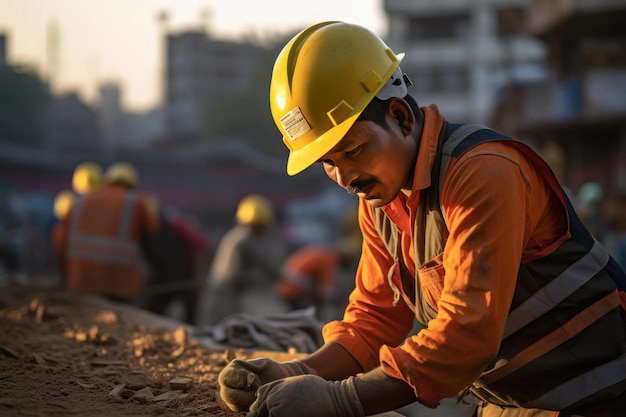 Indiase ingenieur of werknemer die op een bouwplaats werkt