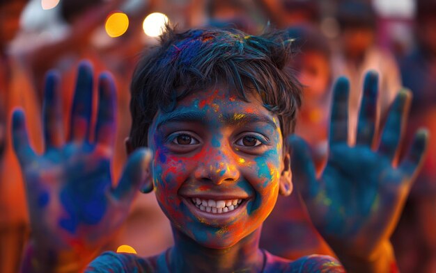 Indiase jongen viert Holi met kleuren op zijn gezicht