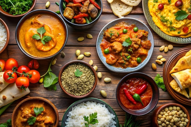 Indiase keuken assortiment tegen een diepe houten achtergrond Indiase gerechten en voorgerechten Paneer