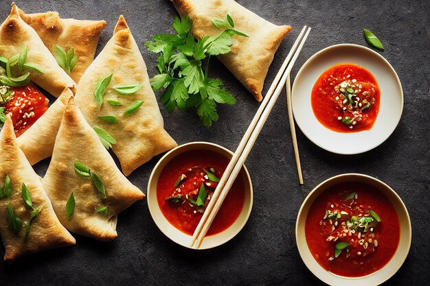 Indiase keuken samsa samosa gebakken met kruiden en rode saus op tafel