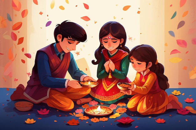 Indiase kinderen in klederdracht bliksem olielamp diwali viering vectorillustratie