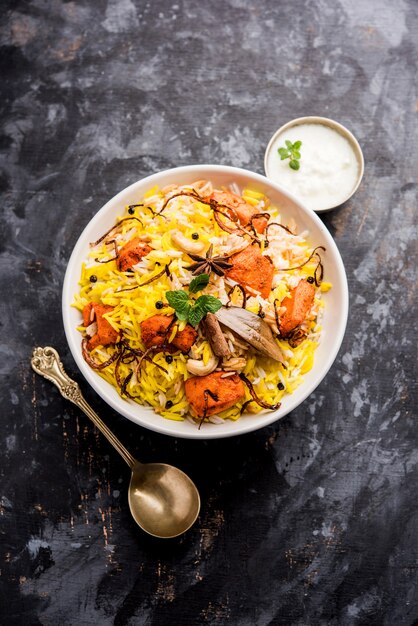 Indiase kip tikka biriyani geserveerd in een kom met yoghurt. selectieve focus