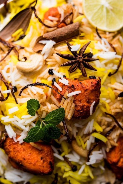 Indiase Kip Tikka Biriyani geserveerd in een kom met yoghurt. selectieve focus