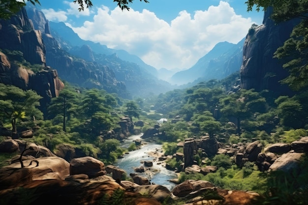 Indiase landschap Een bergketen waar een rivier doorheen stroomt Wolken over de bergen Generatief A