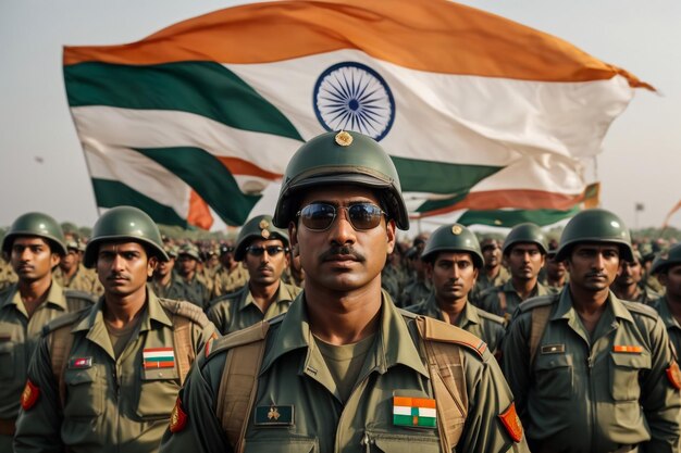 Foto indiase leger soldaat die de indiase vlag zwaait in uniform concept nationale trots patriottisme vrij
