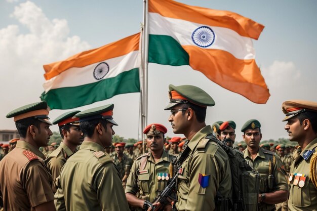 Foto indiase leger soldaat die de indiase vlag zwaait in uniform concept nationale trots patriottisme vrij