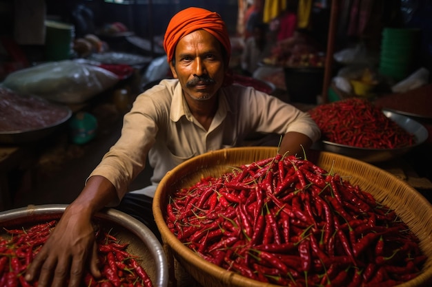 Indiase man die rode chili verkoopt op de plaatselijke groentenmarkt