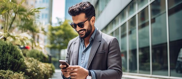 Indiase man met behulp van mobiele telefoon buiten woongebouw lezen van berichten met smartphone