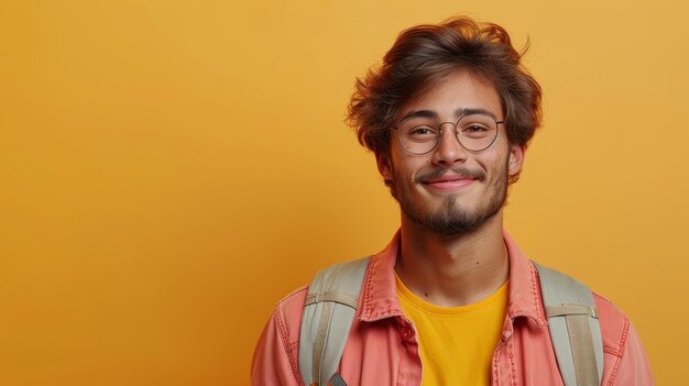 Indiase man met een laptop en een mobiele telefoon die digitale producten voor werk en leren reclameert in volledige lengte verticale opname op gele achtergrond