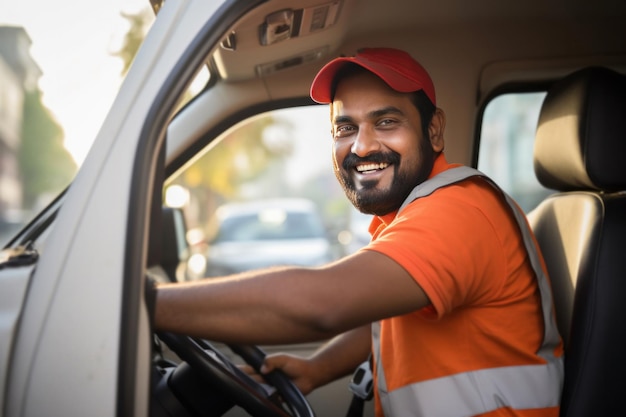 Indiase mannelijke chauffeur van een bestelwagen in uniform die met een glimlach naar de camera kijkt