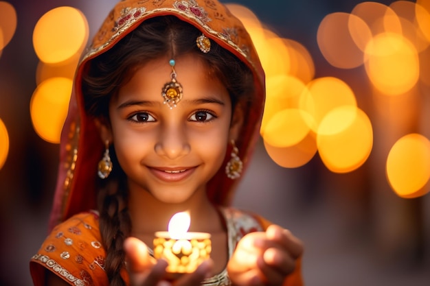 Indiase meisje arrangeert Diyas tijdens het Diwali-festival