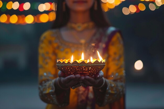 Indiase meisje met diwali diya in traditionele kleding