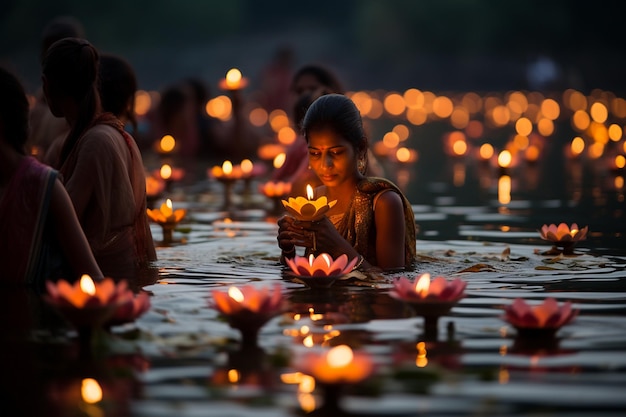 Indiase mensen in de rivier en uit het water omsingelden lotusbloemen