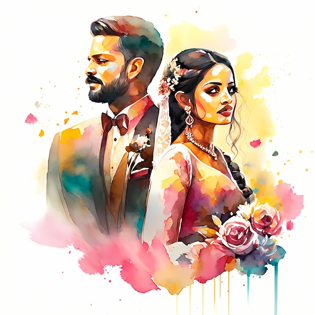 Indiase paar bruiloft aquarel