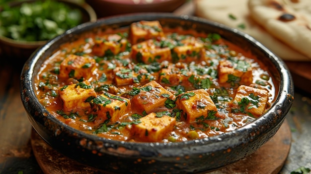 Indiase Paneer Butter Masala met knoflook naan in een dhaba