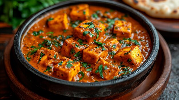 Indiase Paneer Butter Masala met knoflook naan in een dhaba