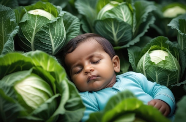 Indiase peuter jongen in kool pasgeboren baby slaapt in de tuin op de grond omringd door groenten