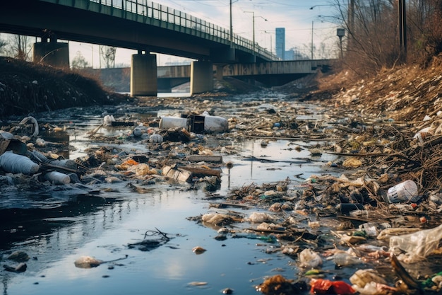 Foto indiase rivier vervuild met vuilnis en afval