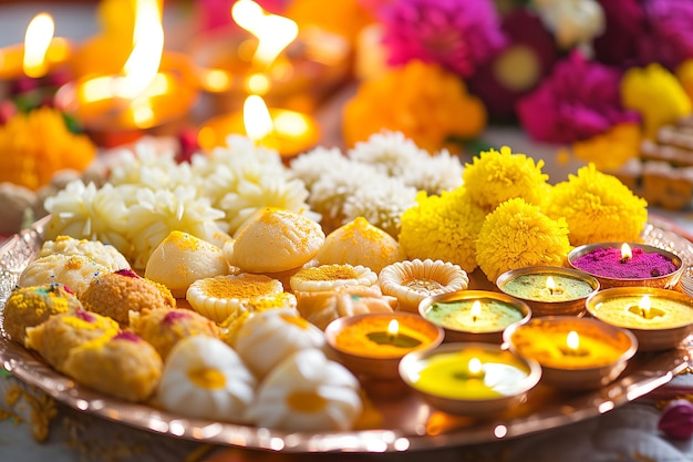 Foto indiase snoep en desserts diwali viering achtergrond feestelijke presentatie