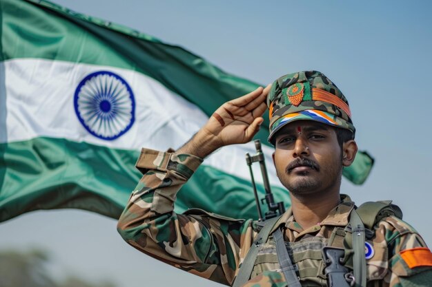 Foto indiase soldaat groet met vlag patriottisme onafhankelijkheid eer