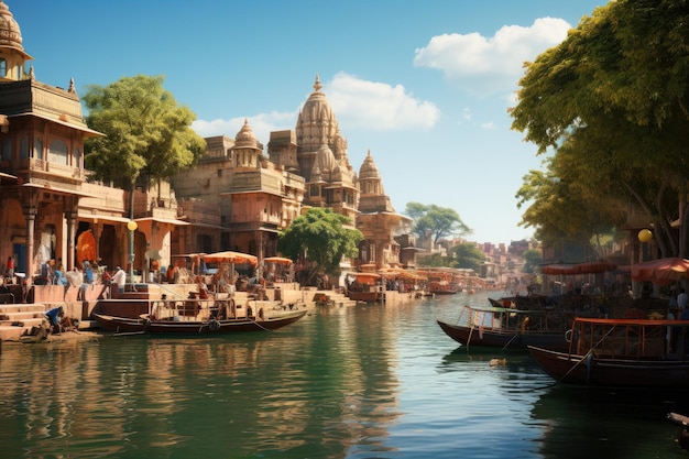 Indiase stad met veel gebouwen en boten op een rivier Oude architectuur Generatieve AI Kunst