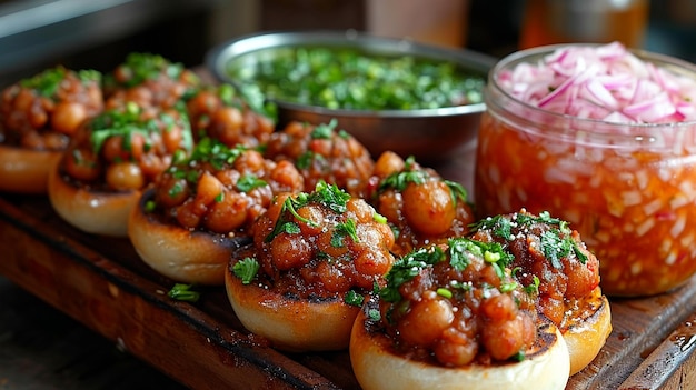 Foto indiase straatvoedselscène met vada pav en snijdende chai