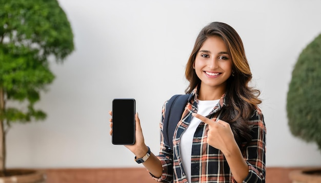 Indiase student toont een lege smartphone in haar hand mobiele mockup