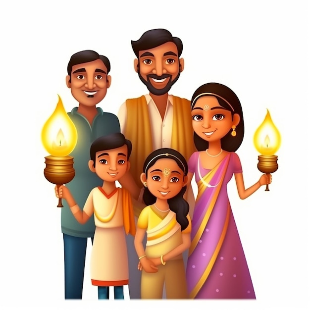 Indiase traditionele familie houden lampen op witte achtergrond Diwali cartoon vectorillustratie