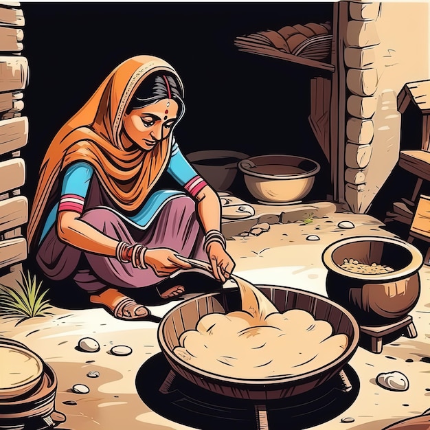 indiase traditionele koken indiase festivalillustratie cartoon vrouw die brood maakt indische vrouw in t