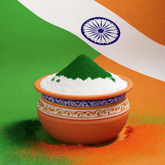 Foto indiase vlag kleur pot podium handi kleur poeder op pot holi kleur rood oranje kleur wit